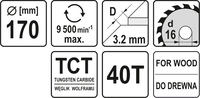 TARCZA WIDIOWA DO CIĘCIA DREWNA 170mm 40T 16mm YATO YT-60583