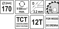 TARCZA WIDIOWA DO CIĘCIA DREWNA 170mm 12T 16mm YATO YT-60582