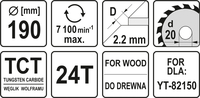 TARCZA WIDIOWA DO CIĘCIA DREWNA 190mm 24T 20mm YATO YT-60634