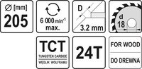 TARCZA WIDIOWA DO CIĘCIA DREWNA 205mm 24T 18mm YATO YT-6066