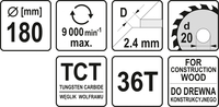 TARCZA WIDIOWA DO CIĘCIA DREWNA 180mm 36T 20mm YATO YT-60482