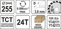 TARCZA DO CIĘCIA DREWNA 255/24T 30MM WIDIOWA YATO YT-60731