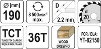 TARCZA WIDIOWA DO CIĘCIA DREWNA dla YT-82150 190mm 36T 20mm YATO YT-60635