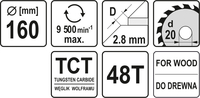 TARCZA WIDIOWA DO CIĘCIA DREWNA 160mm 48T 20mm YATO YT-6058