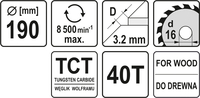 TARCZA WIDIOWA DO CIĘCIA DREWNA dla YT-82150 190mm 40T 16mm YATO YT-60633