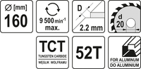 TARCZA WIDIOWA DO CIĘCIA ALUMINIUM 160mm 52T 20mm YATO YT-60905