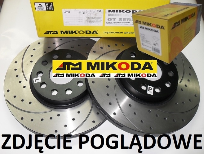 Tarcze hamulcowe wentylowane MIKODA 1832 GT malowane, nacinane, wiercone, kolor: czarny + KLOCKI MIKODA 71632 - JAGUAR XF (X250) XF SPORTBRAKE (X250) XJ (X351) XJ (X350, X358) XK Coupe (X150) XK Kabriolet (X150)  - OŚ TYLNA