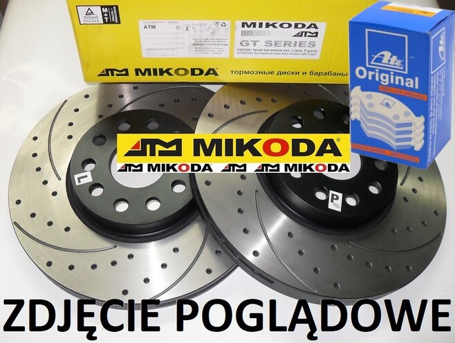 Tarcze hamulcowe wentylowane MIKODA 2443 GT malowane, nacinane, wiercone, kolor: czarny + KLOCKI ATE 13.0460-7338.2 - VOLVO S60 III (224) S90 II (234) V90 II Kombi (235, 236) V60 II (225, 227) - OŚ PRZEDNIA