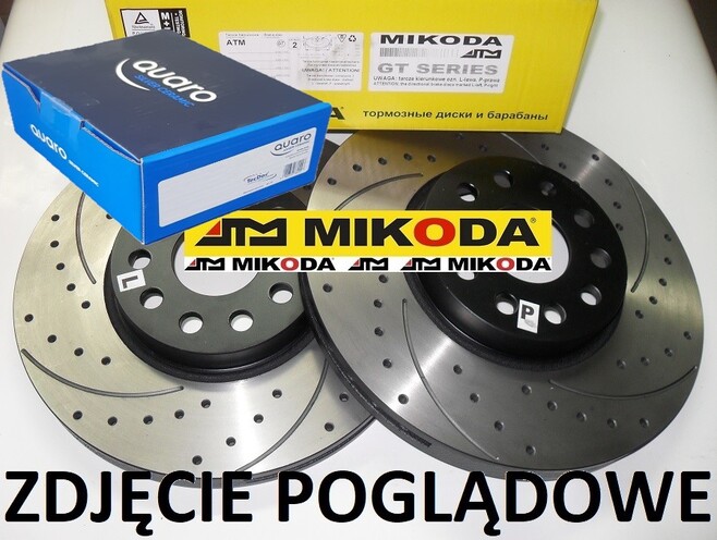 Tarcze hamulcowe wentylowane MIKODA 1846 GT malowane, nacinane, wiercone, kolor: czarny + KLOCKI QUARO QP2789C ceramiczne - JAGUAR XF I (X250) XF SPORTBRAKE (X250) XJ (X350, X358) XK II Coupe (X150) XK II Kabriolet (X150) - OŚ PRZEDNIA