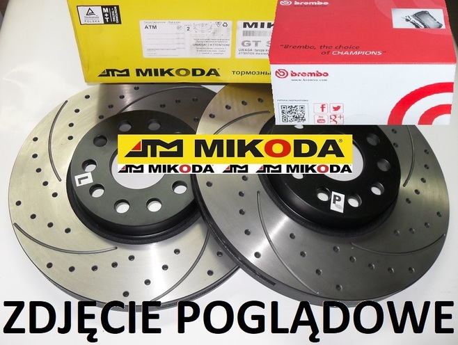 Tarcze hamulcowe wentylowane MIKODA 1834 GT malowane, nacinane, wiercone, kolor: czarny + KLOCKI BREMBO P36035 - JAGUAR XE (X760) XF II (X260) XF SPORTBRAKE (X260) - OŚ PRZEDNIA