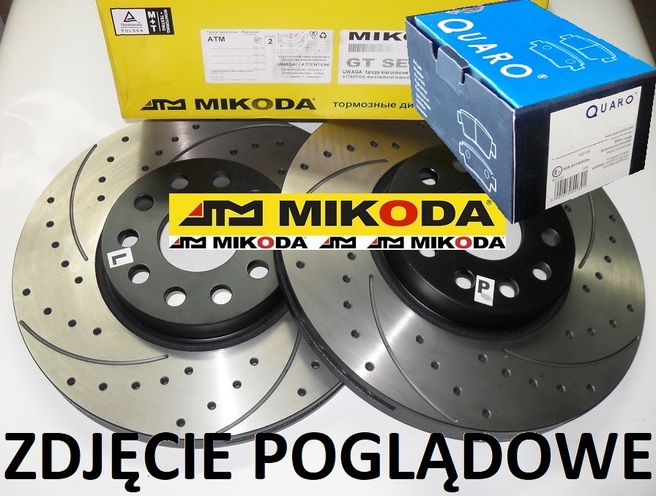 Tarcze hamulcowe wentylowane MIKODA 1743 GT malowane, nacinane, wiercone, kolor: czarny + KLOCKI QUARO QP4821C ceramiczne - NISSAN PRIMASTAR (X83) OPEL VIVARO A (X83) RENAULT TRAFIC II (EL, FL, JL) - OŚ PRZEDNIA