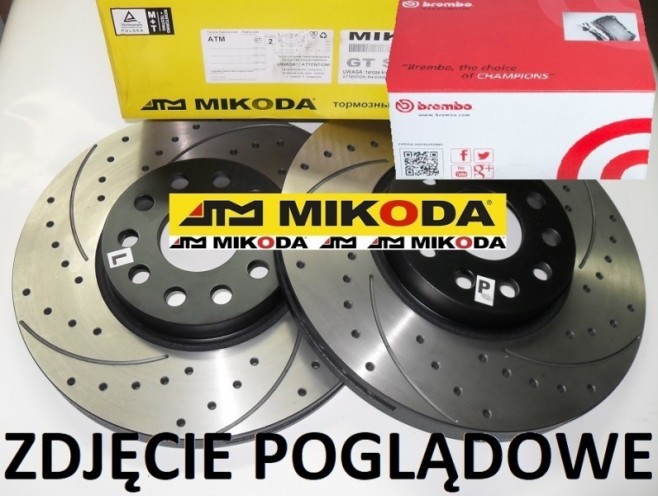 Tarcze hamulcowe wentylowane MIKODA 1489 GT malowane, nacinane, wiercone, kolor: czarny + KLOCKI BREMBO P50093 - MERCEDES KLASA A (W176) KLASA B (W246, W242) CLA Coupe (C117) CLA Shooting Brake (X117) KLASA GLA (X156) - OŚ PRZEDNIA