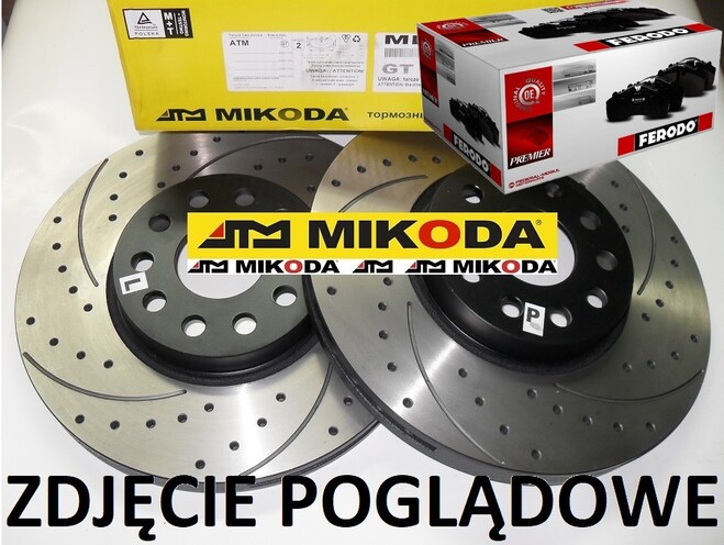 Tarcze hamulcowe wentylowane MIKODA 1844 GT malowane, nacinane, wiercone, kolor: czarny + KLOCKI FERODO FDB4927 - JAGUAR XE (X760) XF II (X260) XF SPORTBRAKE (X260) - OŚ TYLNA