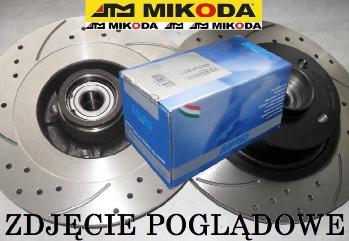 Tarcze hamulcowe pełne z łożyskiem i pierścieniem ABS MIKODA 0565L malowane, nacinane, wiercone, kolor: czarny + KLOCKI SAMKO 5SP1278 - CITROEN C4 I PEUGEOT 207 307 - OŚ TYLNA - OŚ TYLNA