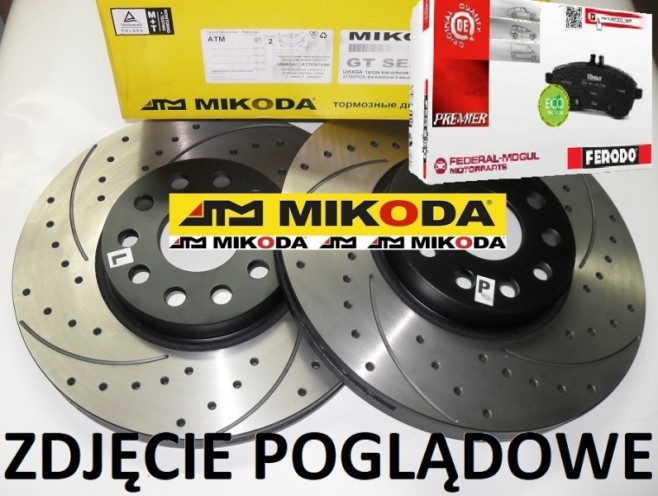 Tarcze hamulcowe wentylowane MIKODA 2518 GT malowane, nacinane, wiercone, kolor: czarny + KLOCKI FERODO FDB929 - JEEP CHEROKEE (XJ) GRAND CHEROKEE I (ZJ) WRANGLER I (YJ, SJ_) WRANGLER II (TJ) - OŚ PRZEDNIA