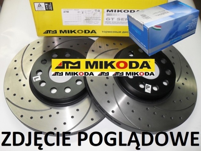 Tarcze hamulcowe pełne MIKODA 2417 GT malowane, nacinane, wiercone, kolor: czarny + KLOCKI SAMKO 5SP362 - VOLVO 850 (854,855) C70 I (872,873) S70 (874) V70 I (875,876) - OŚ TYLNA