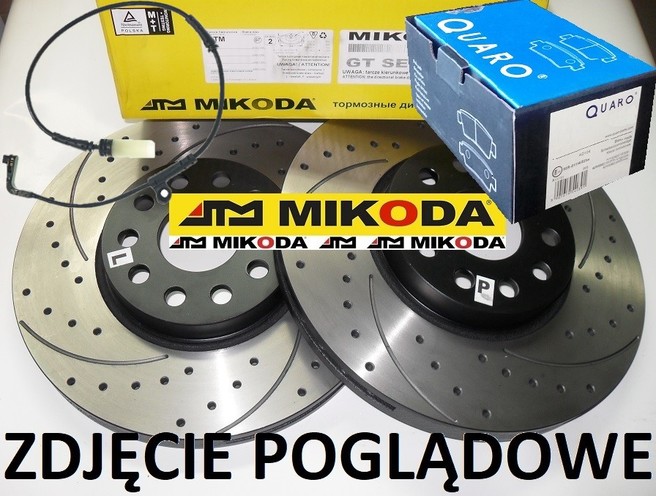 Tarcze hamulcowe wentylowane MIKODA 0487 GT malowane, nacinane, wiercone, kolor: czarny + KLOCKI QUARO QP2153C ceramiczne + CZUJNIK QB WS0218A - BMW 5 (E60) 5 Touring (E61) 6 (E63) 6 Kabriolet (E64) - OŚ PRZEDNIA