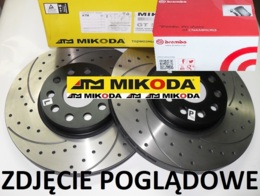 Tarcze hamulcowe wentylowane MIKODA 1834 GT malowane, nacinane, wiercone, kolor: czarny + KLOCKI BREMBO P36035 - JAGUAR XE (X760) XF II (X260) XF SPORTBRAKE (X260) - OŚ PRZEDNIA