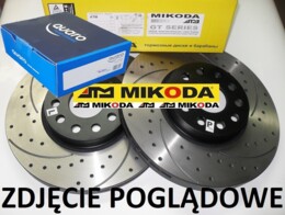 Tarcze hamulcowe wentylowane MIKODA 2445 GT malowane, nacinane, wiercone, kolor: czarny + KLOCKI QUARO QP2854C ceramiczne - VOLVO S80 II (124) V70 III (135) S60 II (134) XC70 II (136) V60 (155, 157) - OŚ PRZEDNIA